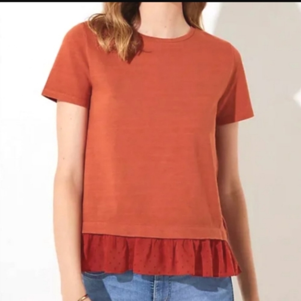 NWT Loft Burnt Orange Ruffle Hem Mixed Media Short Sleeve Top S